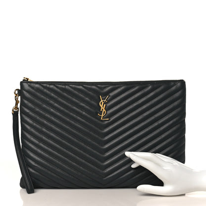 Saint Laurent Calfskin Matelasse Chevron Cassandre Monogram Document Holder Coal 2 of 10