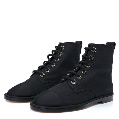 Chanel Cotton Grosgrain Cap Toe CC Lace Up Boots 37 Black 5 of 15