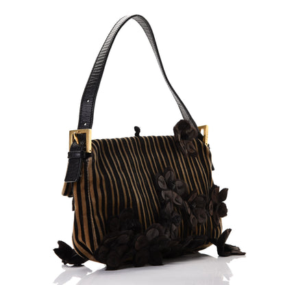 Fendi Velvet Striped Flower Applique Baguette Black Beige 2 of 5