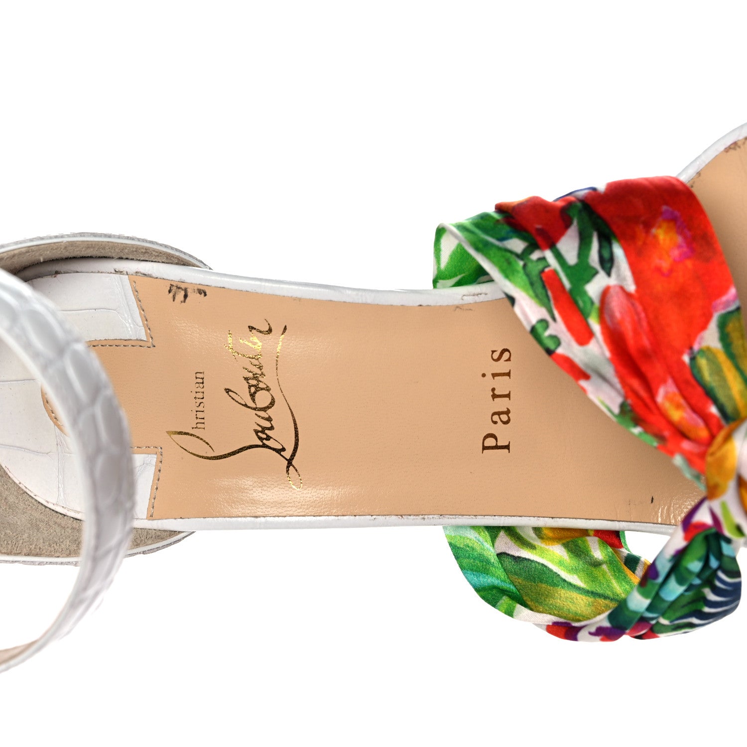 Christian Louboutin Crocodile Embossed Calfskin Silk Floral Ali 100 Pumps 37.5 White Ruban 7 of 9
