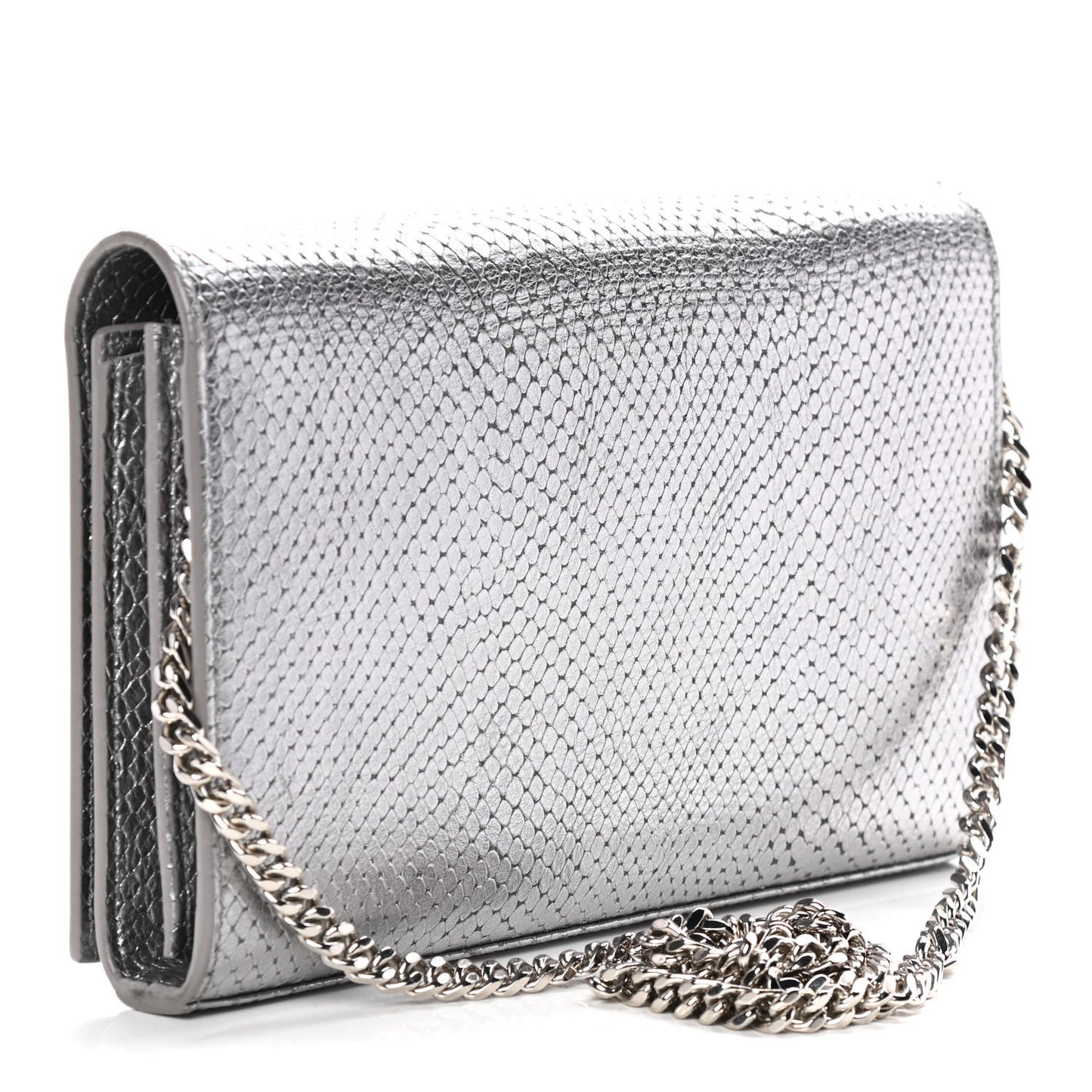 Metallic Calfskin Python Embossed Monogram Chain Wallet Silver