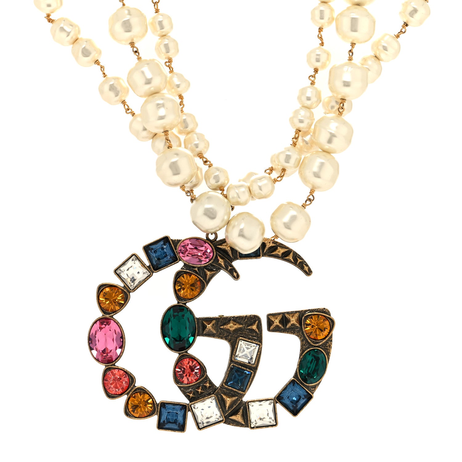 Gucci Crystal Pearl Double G Necklace Aged Gold Multicolor 1 of 5