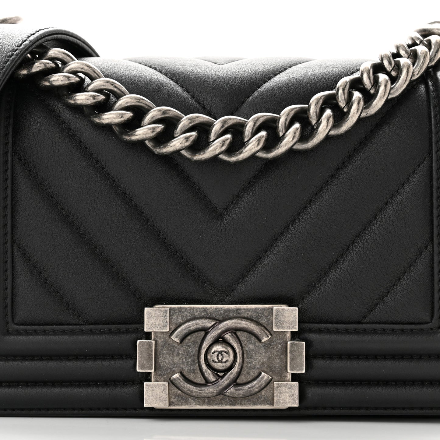 Calfskin Chevron Quilted Small Boy Flap Black