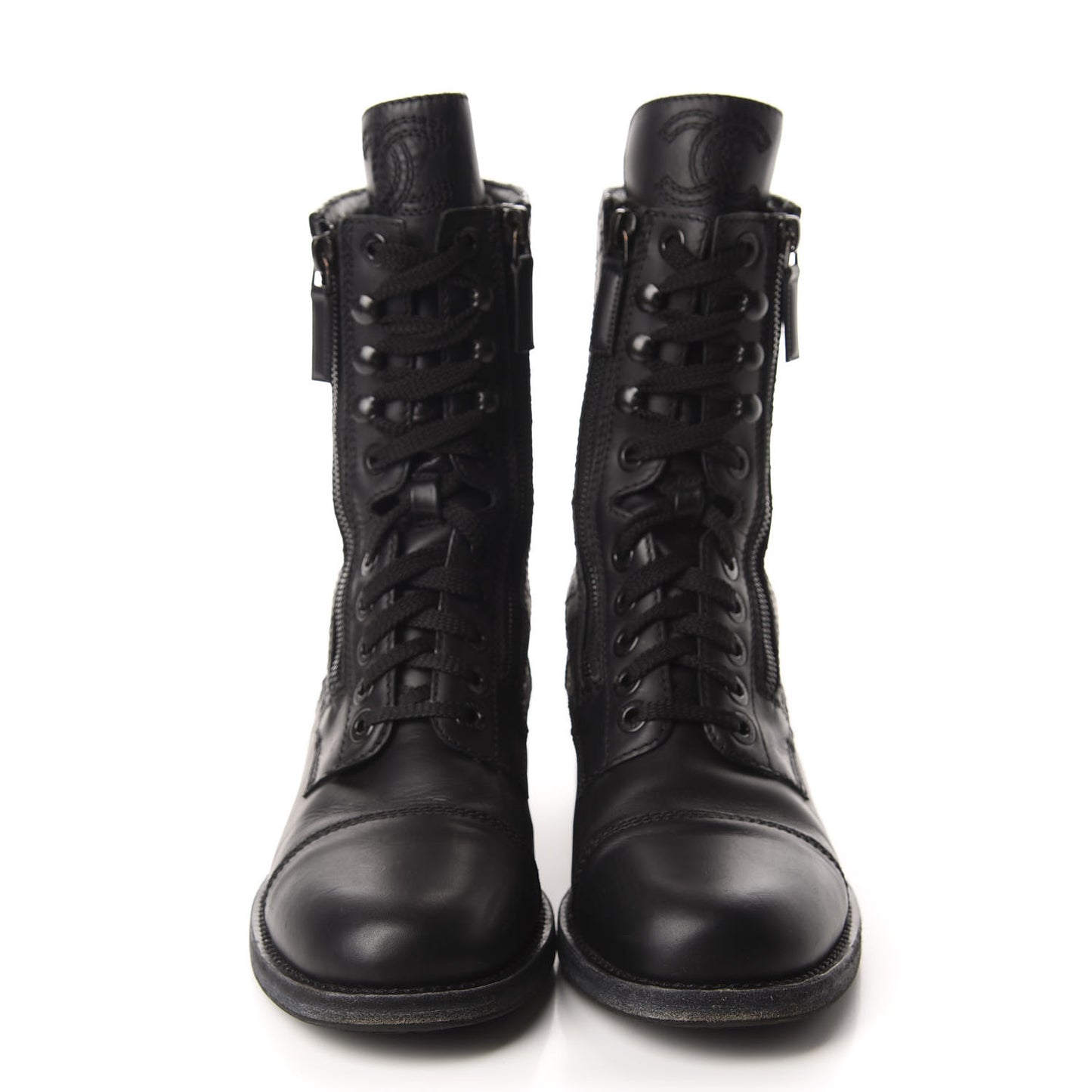 Calfskin Quilted Cap Toe Combat Boots 40 Black