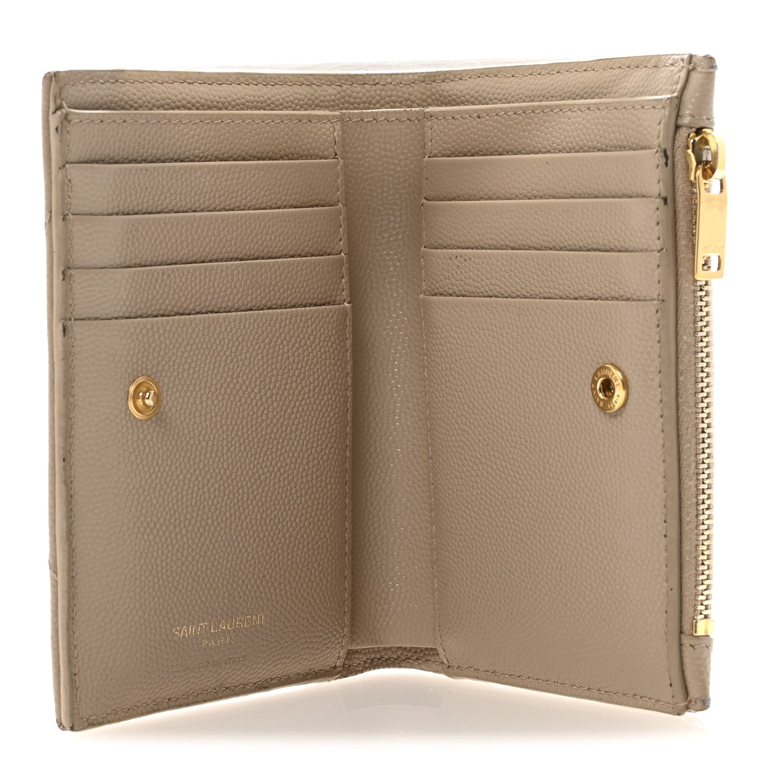 Saint Laurent Grain De Poudre Matelasse Chevron Cassandre Fragments Zipperred Bi-Fold Wallet Dark Beige 5 of 7
