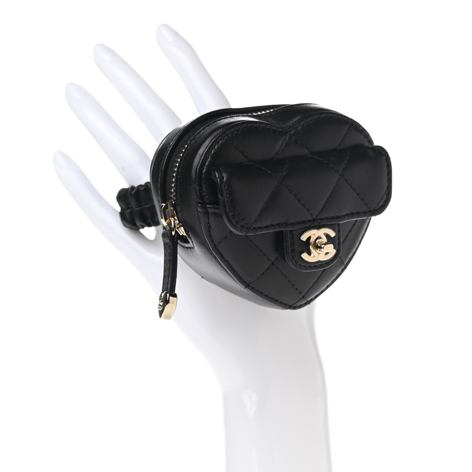 Chanel Lambskin Quilted CC In Love Heart Zipped Arm Coin Purse Black 2 of 8