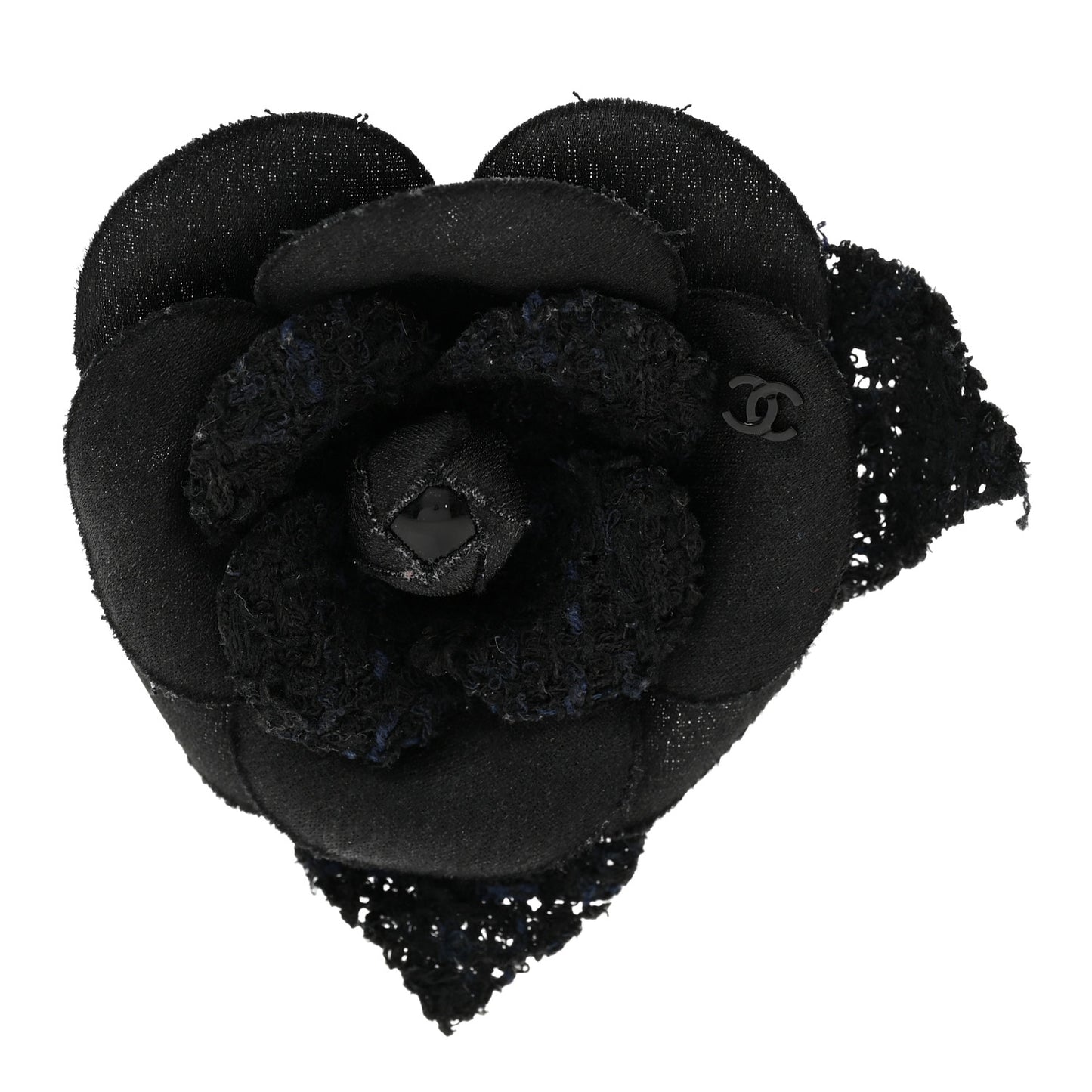 Tweed Fabric Camellia Pin Brooch Black