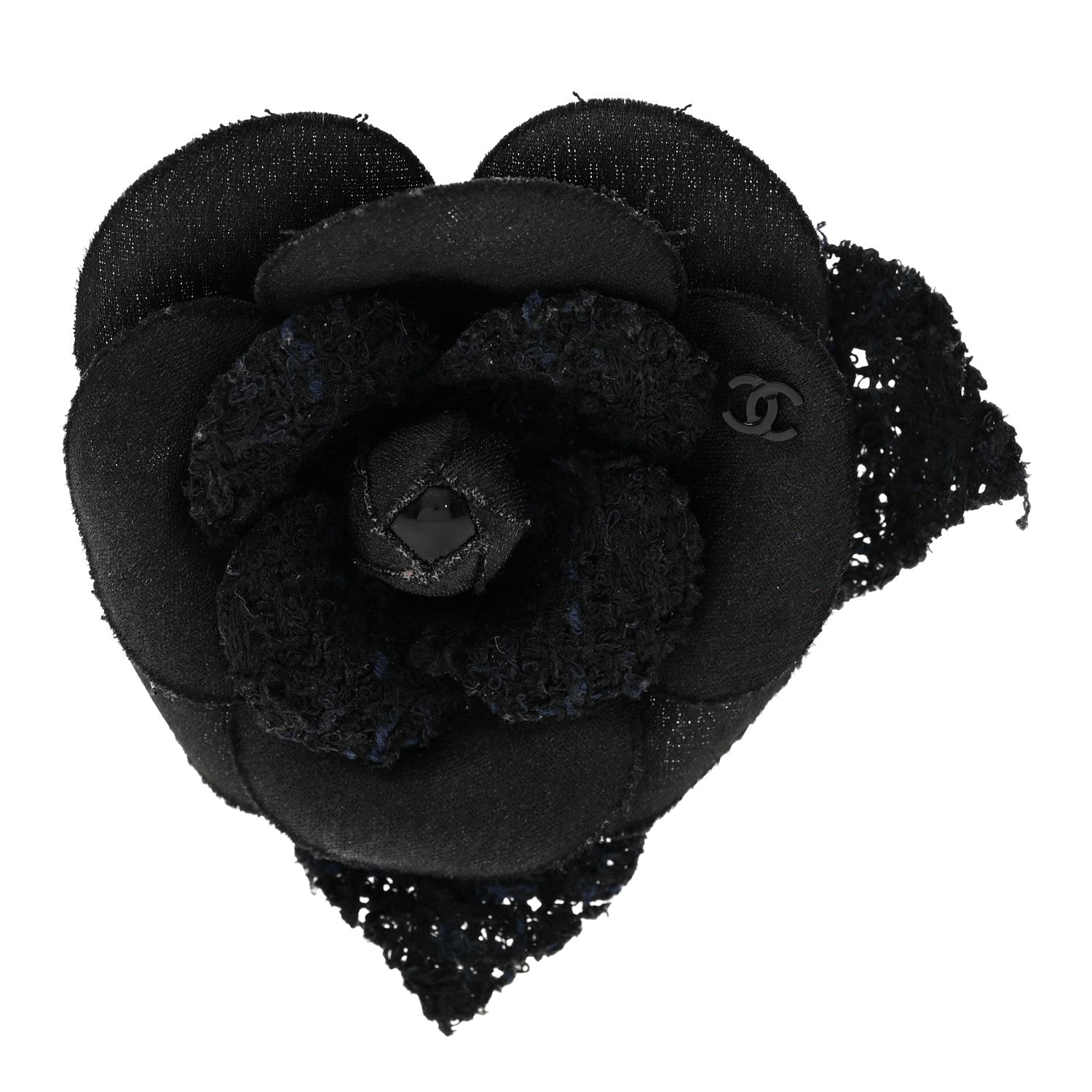 Chanel Tweed Fabric Camellia Pin Brooch Black 1 of 7