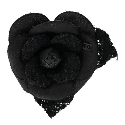 Chanel Tweed Fabric Camellia Pin Brooch Black 1 of 7