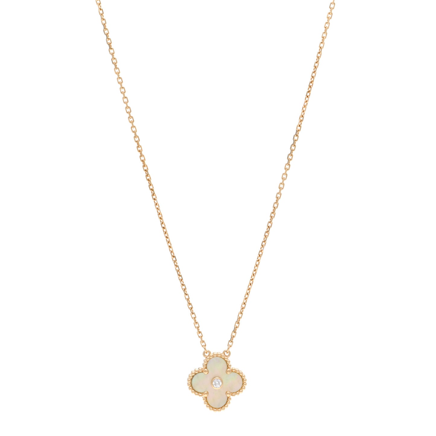 18K Yellow Gold Diamond Yellow Mother of Pearl Vintage Alhambra Pendant Necklace