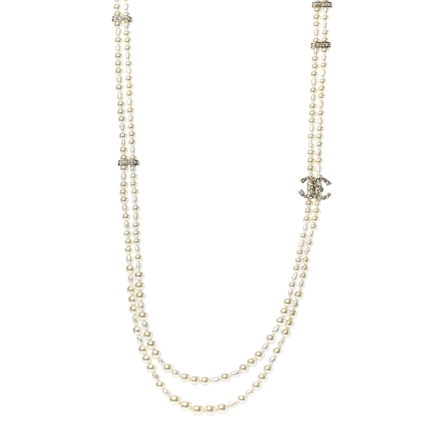 Crystal Pearl CC Bow Long Necklace Gold