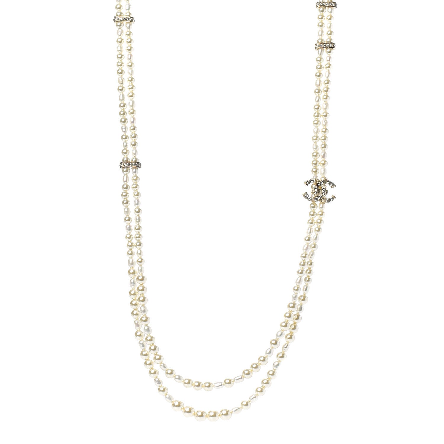 Chanel Crystal Pearl CC Bow Long Necklace Gold 1 of 5