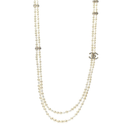 Chanel Crystal Pearl CC Bow Long Necklace Gold 1 of 5