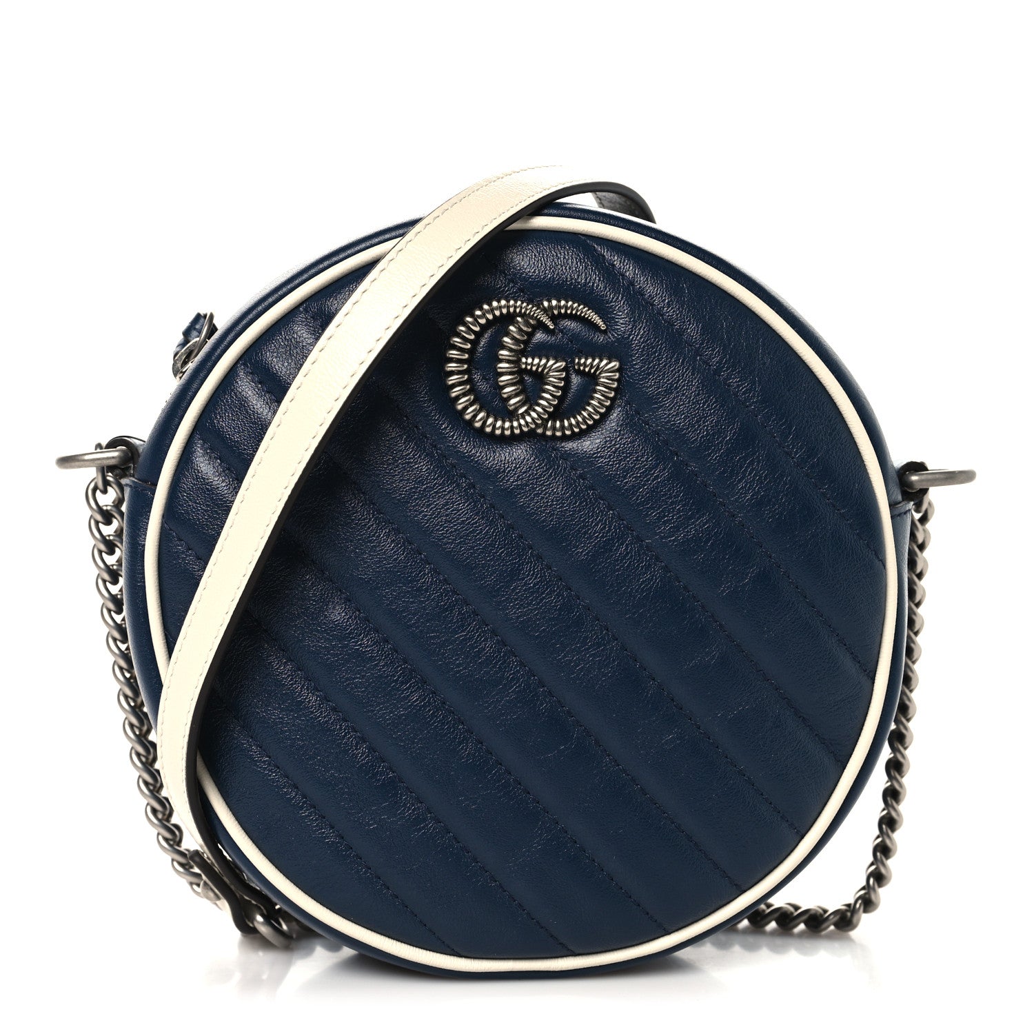 Gucci Azalea Calfskin Matelasse Diagonal Mini Torchon GG Marmont Round Shoulder Bag Blue Agata Mystic White 1 of 10