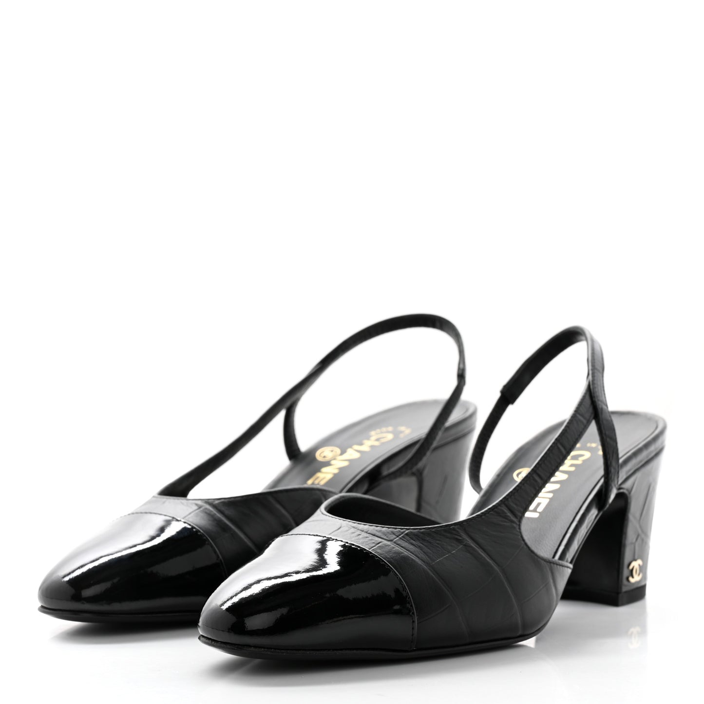 Calfskin Crocodile Embossed Patent Cap Toe CC Slingback Sandals 37.5 Black