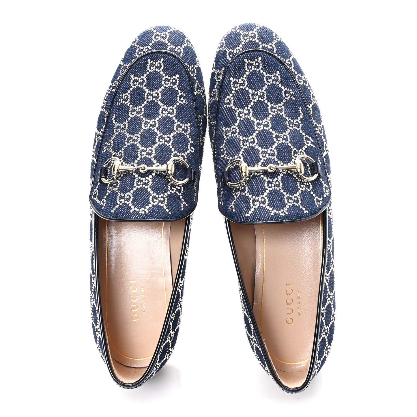 Denim Crystal GG Monogram Horsebit Womens Jordaan Loafers 38 Deep Blue Blue Milad