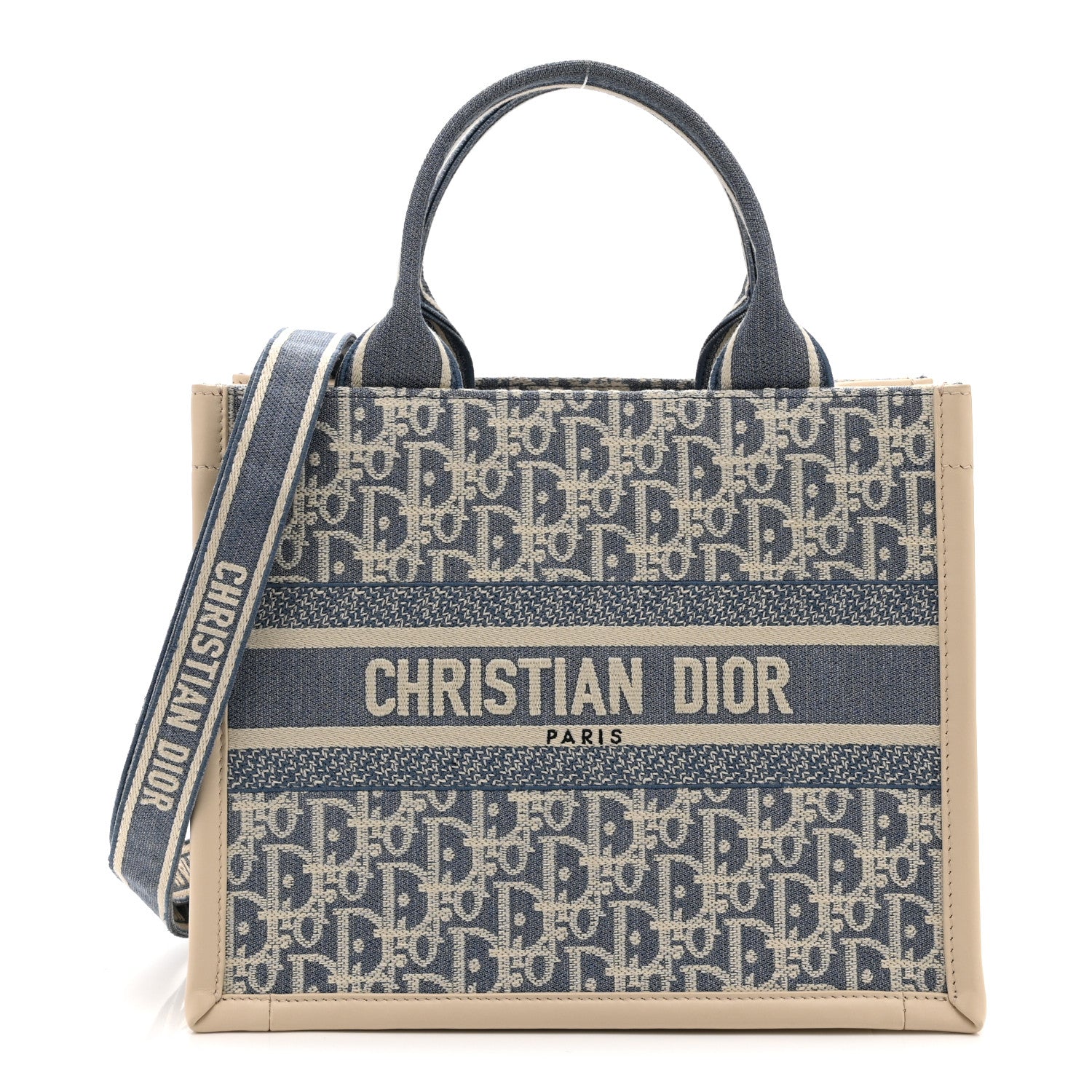 Christian Dior Oblique Chambray Calfskin Small Book Tote With Strap Blue Latte 1 of 10