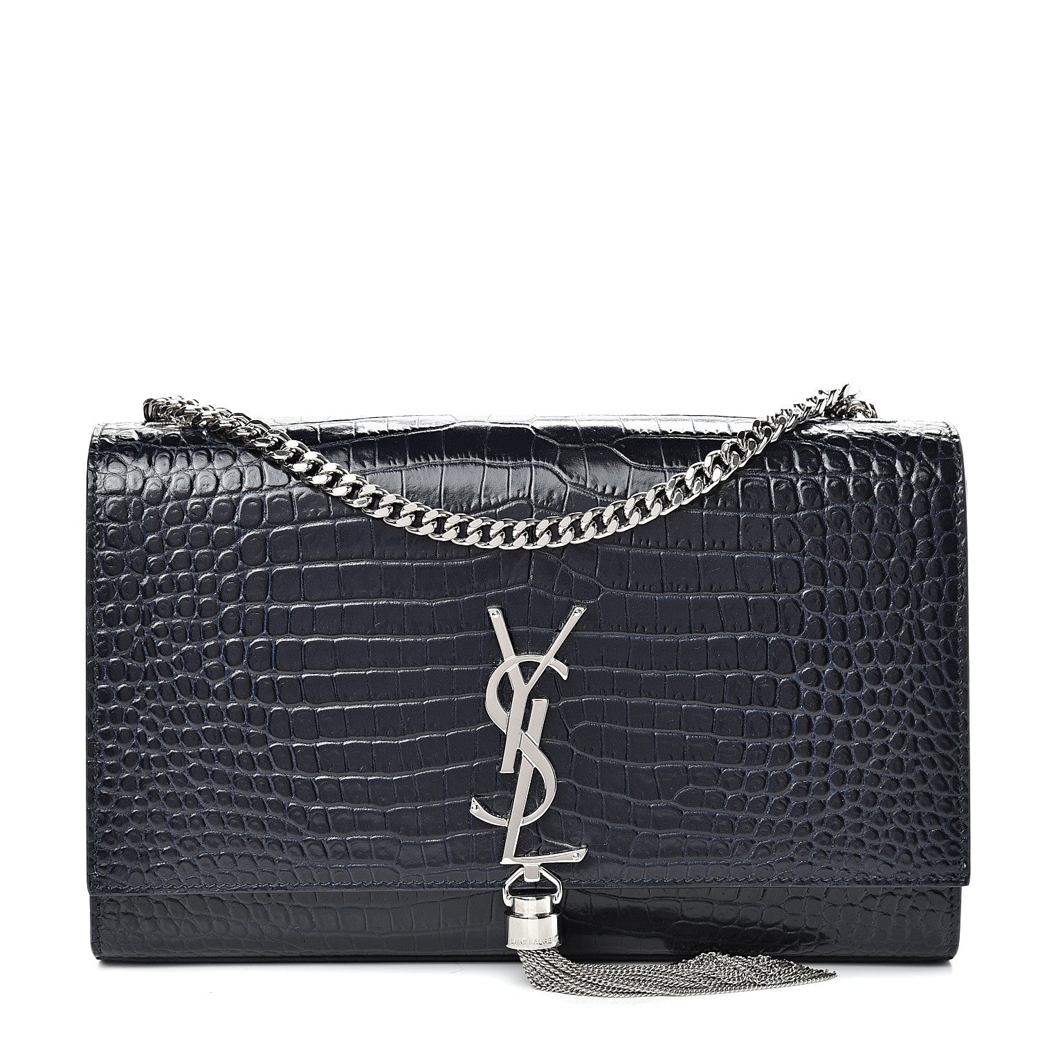 Saint Laurent Calfskin Crocodile Embossed Medium Classic Monogram Kate Tassel Satchel Blue Sapphire 1 of 10