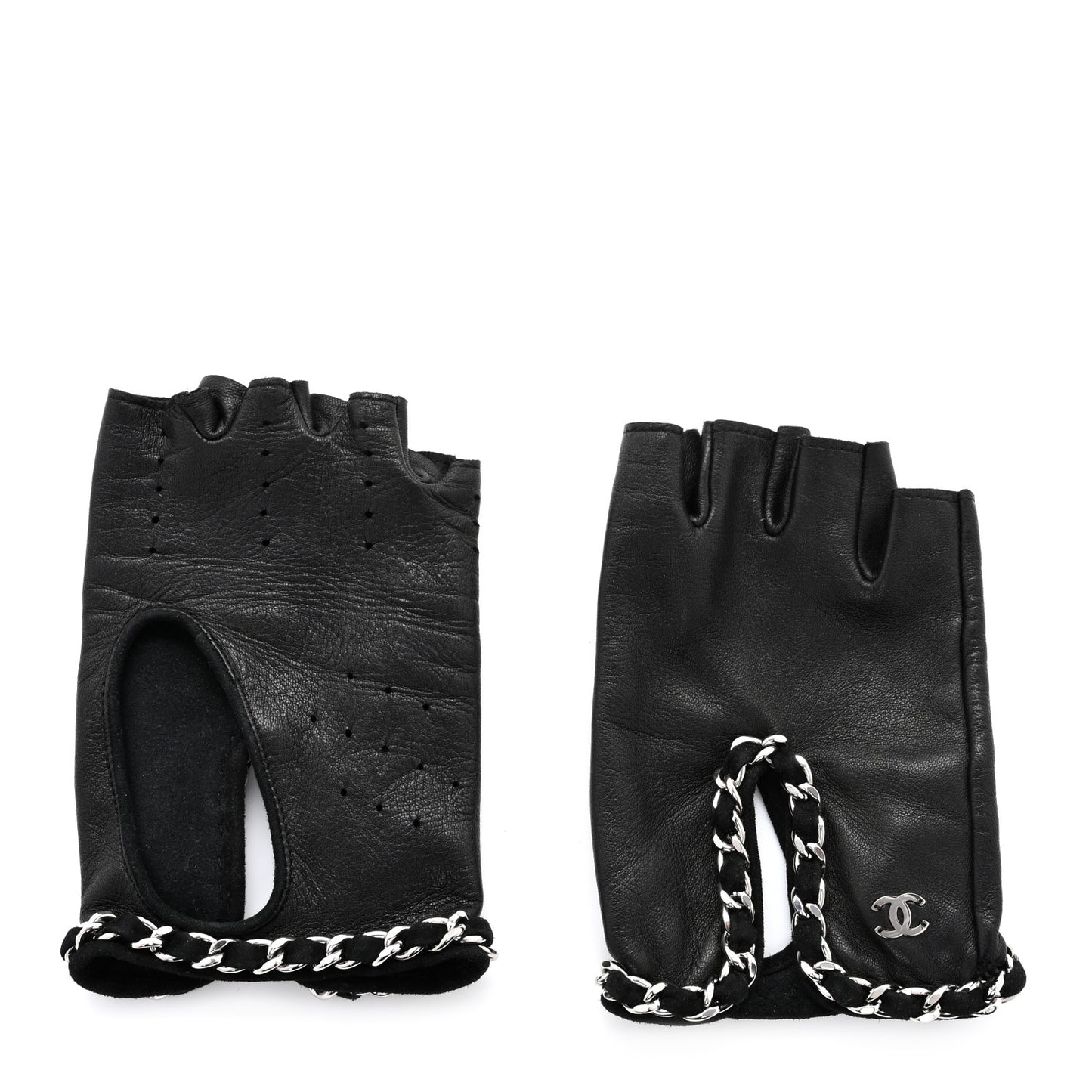 Lambskin Perforated Fingerless Chain CC Gloves 7.5 Black