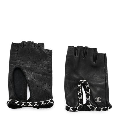 Chanel Lambskin Perforated Fingerless Chain CC Gloves 7.5 Black 1 of 6