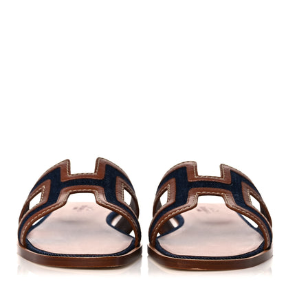 Hermes Calfskin Denim Oran Sandals 36.5 Bleu Brut Gold 2 of 9