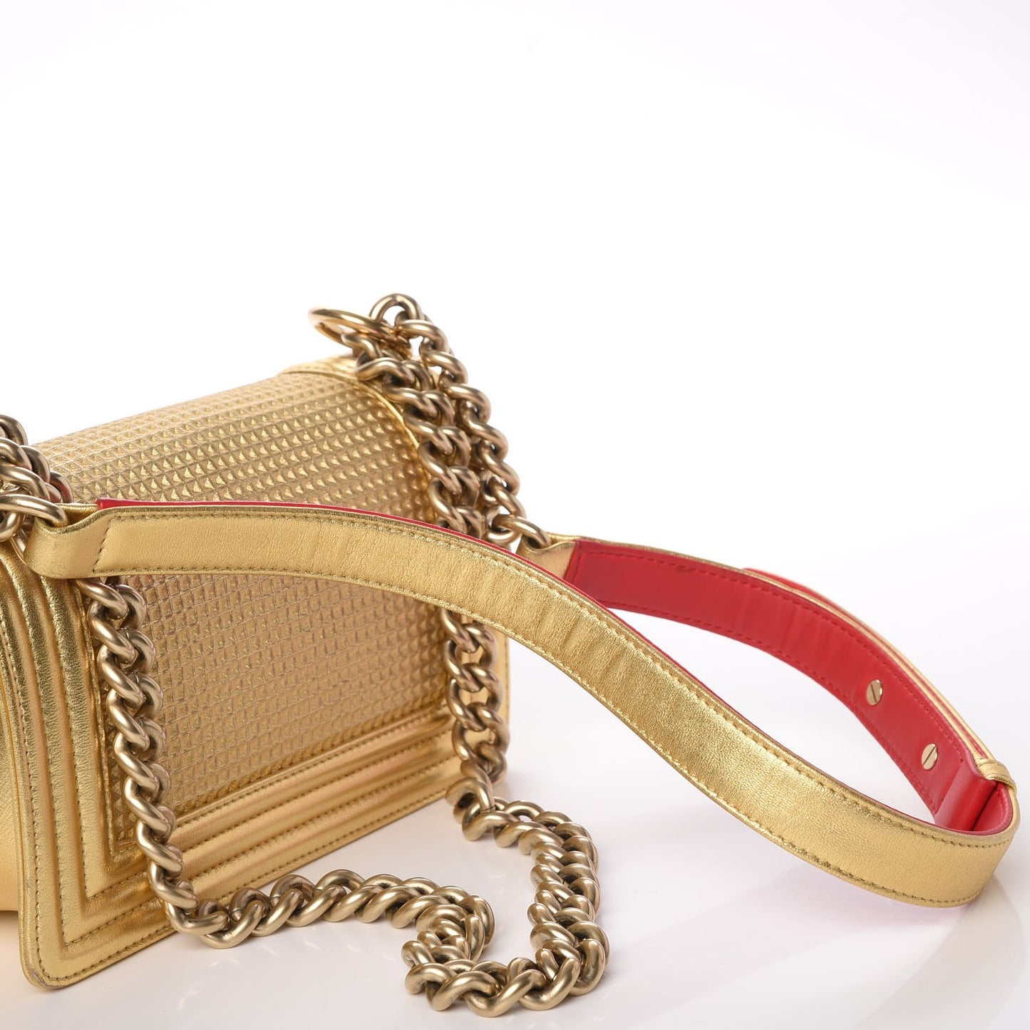 Metallic Lambskin Embossed Small Cube Boy Flap Gold