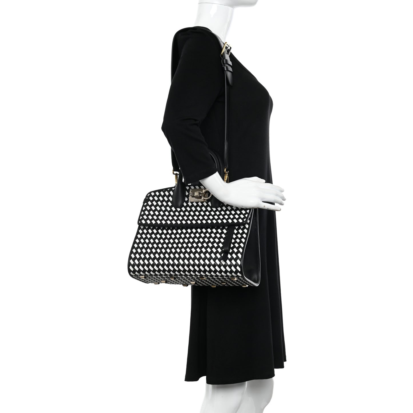 Woven Calfskin Medium Studio Top Handle Bag Black White