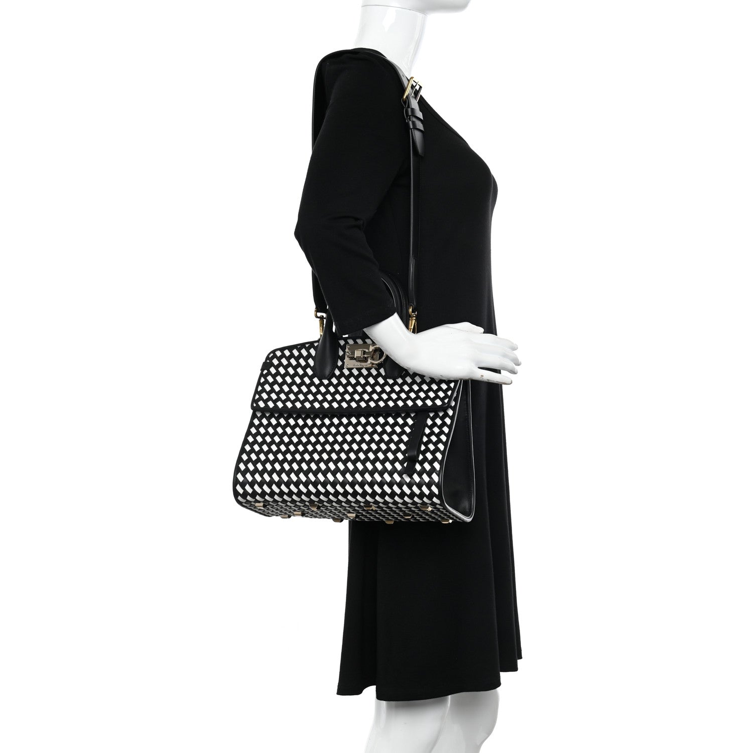 Salvatore Ferragamo Woven Calfskin Medium Studio Top Handle Bag Black White 2 of 9