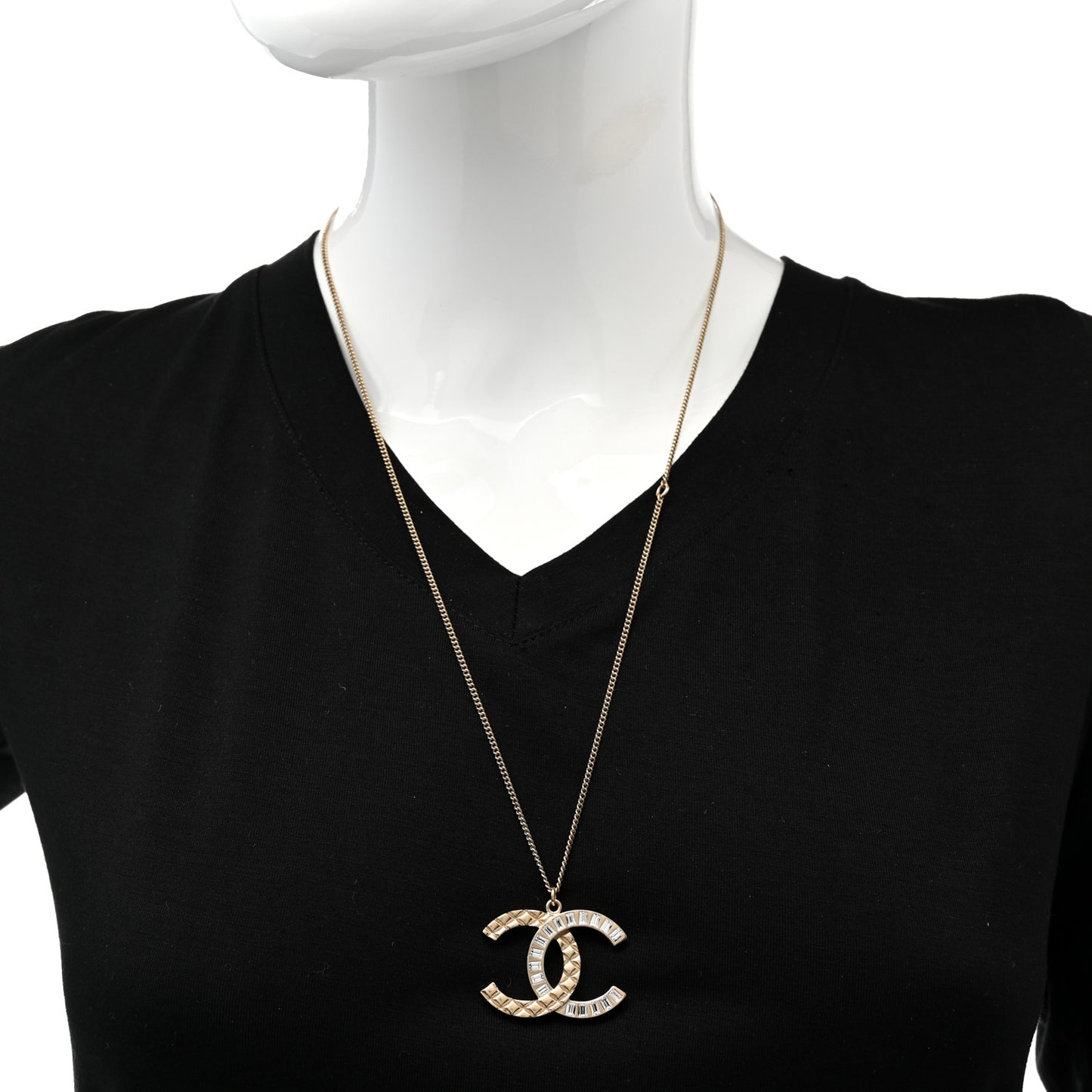 Baguette Crystal Quilted CC Pendant Necklace Gold