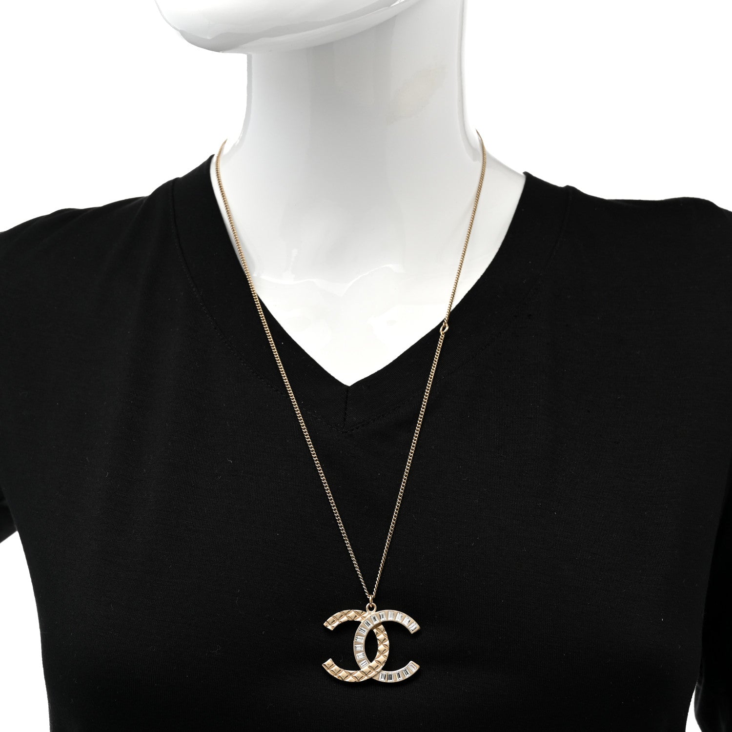 Chanel Baguette Crystal Quilted CC Pendant Necklace Gold 2 of 7
