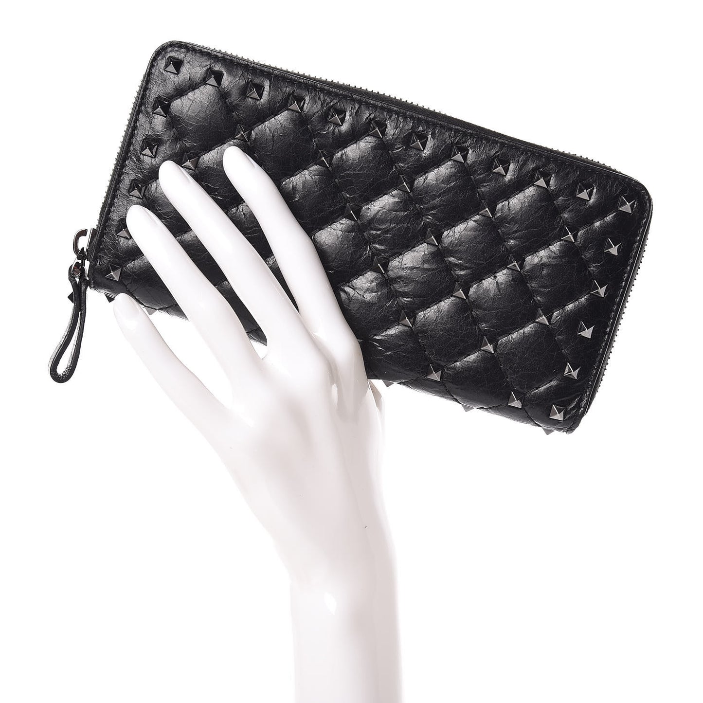 Craquele Nappa Rockstud Spike Zip Around Wallet Black