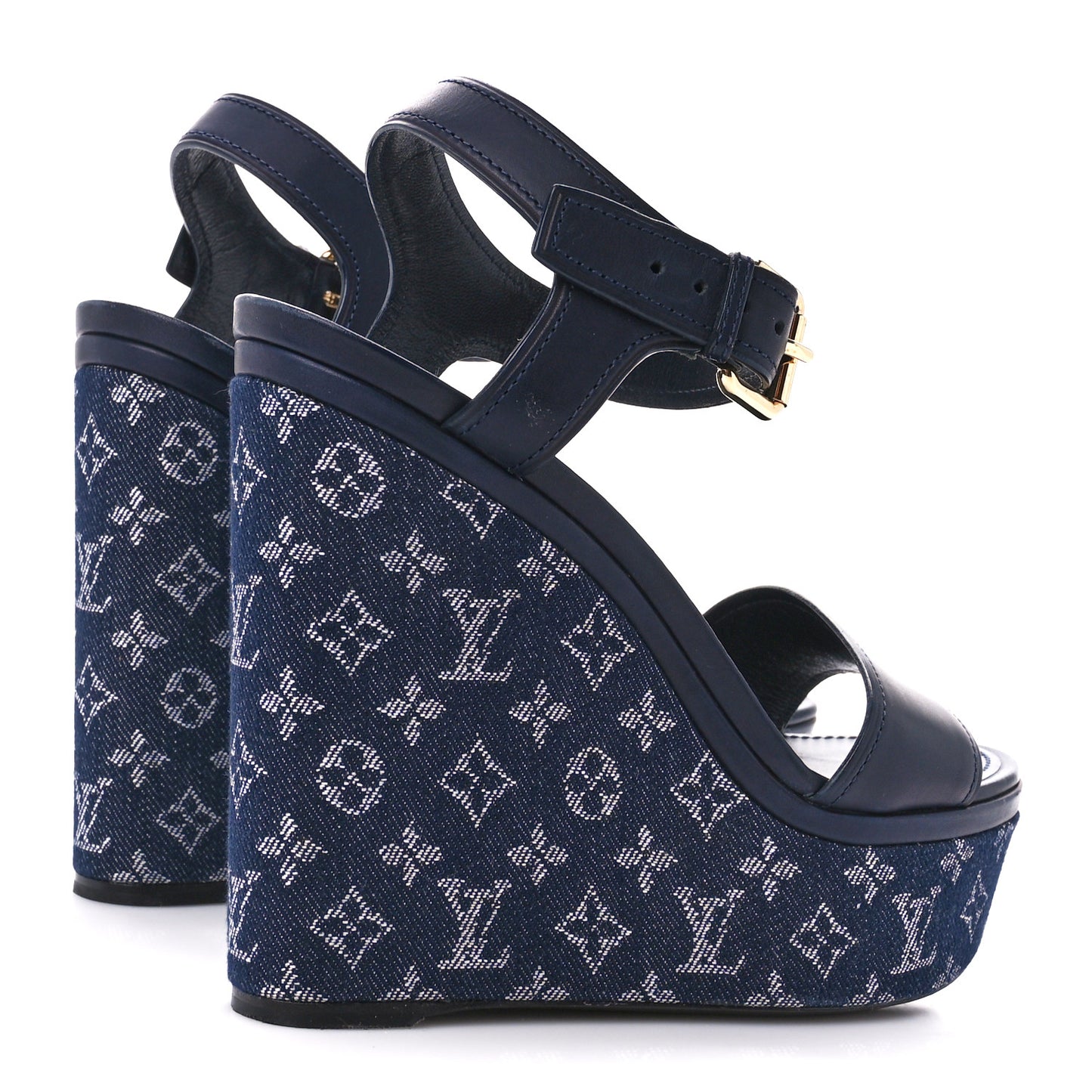 Calfskin Monogram Denim Waterfall Wedge Sandals 39 Blue