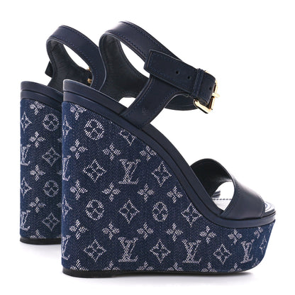 Louis Vuitton Calfskin Monogram Denim Waterfall Wedge Sandals 39 Blue 4 of 8