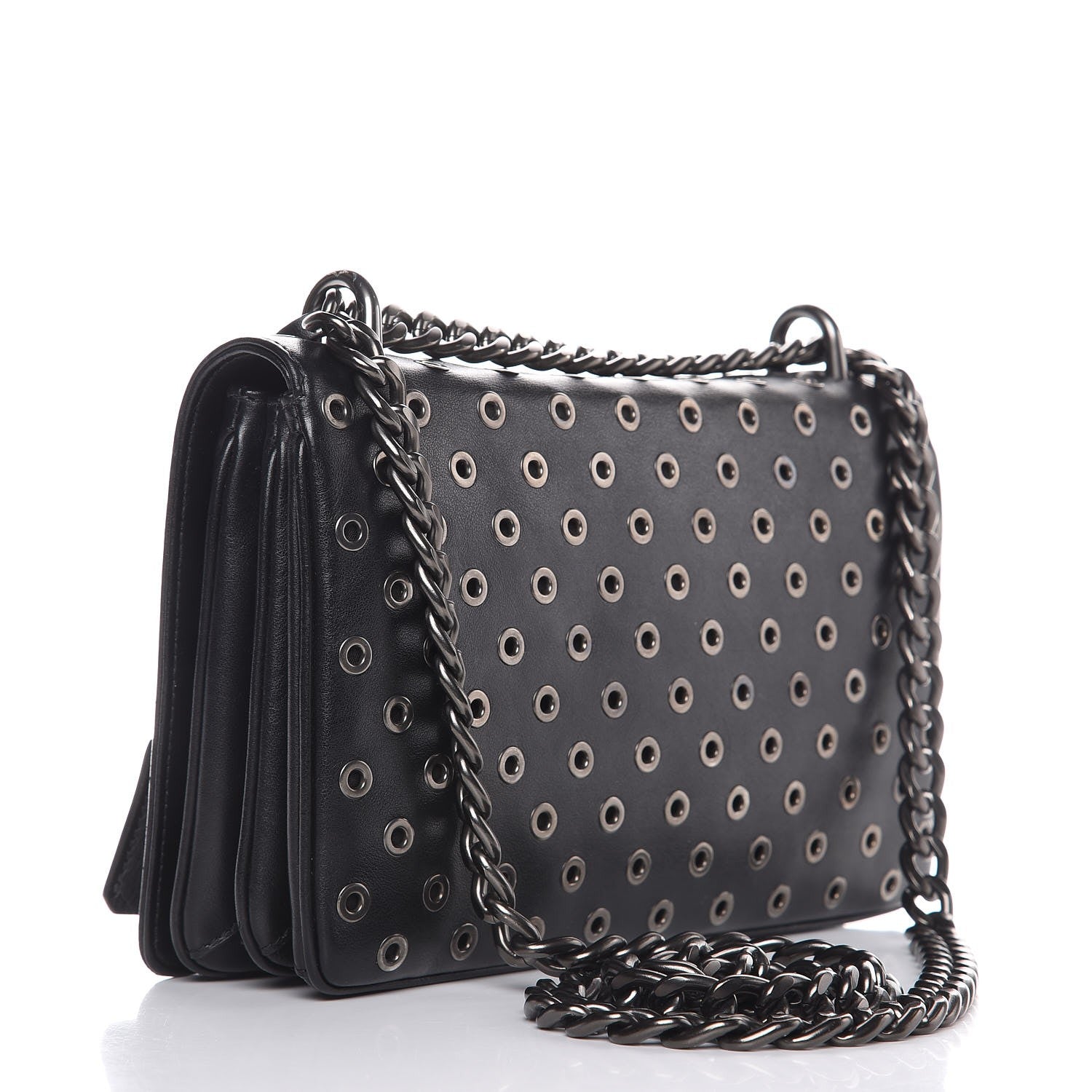 Prada Soft Calf Grommet Lock Flap Chain Shoulder Bag Black 3 of 7