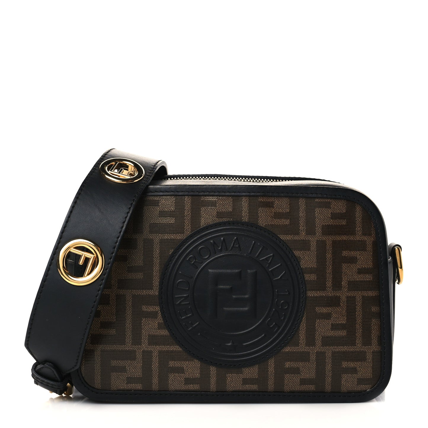 Glazed Fabric Vitello Century F is Fendi FF 1974 Stamp Patch Camera Case Mogano Panna Black