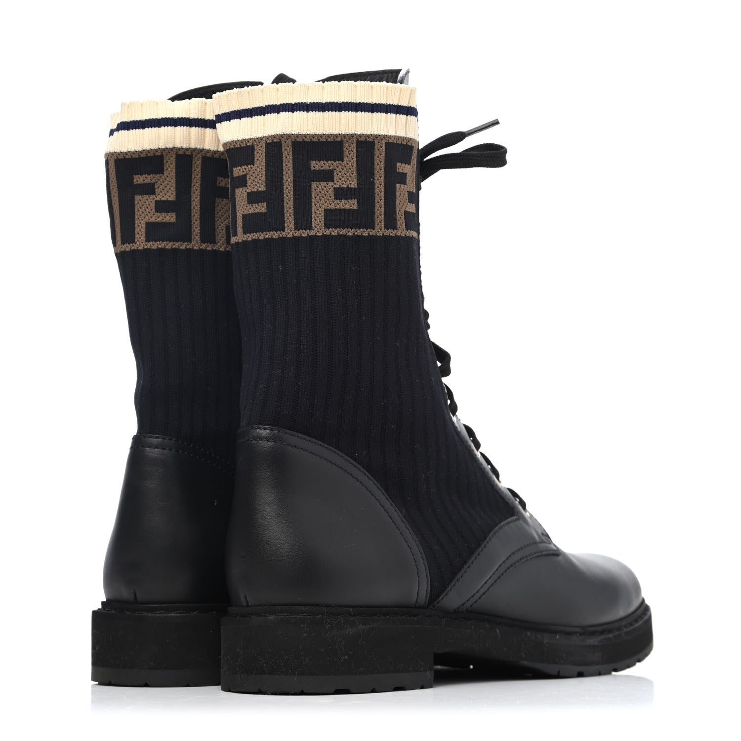 Fendi Calfskin Stretch Fabric Rockoko Biker Boots 38.5 Tobacco Black Marino 3 of 4