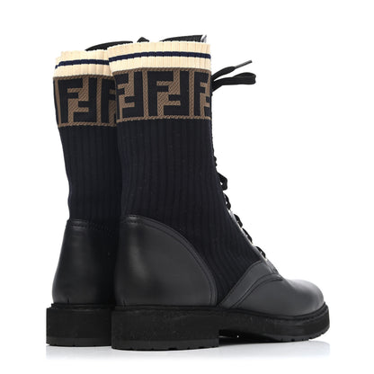 Fendi Calfskin Stretch Fabric Rockoko Biker Boots 38.5 Tobacco Black Marino 3 of 4