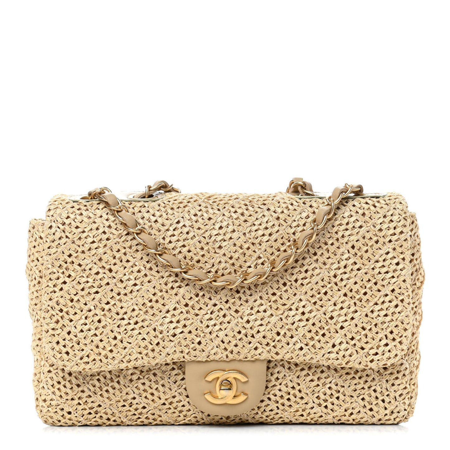 Raffia Crochet Medium Single Flap Bag Beige