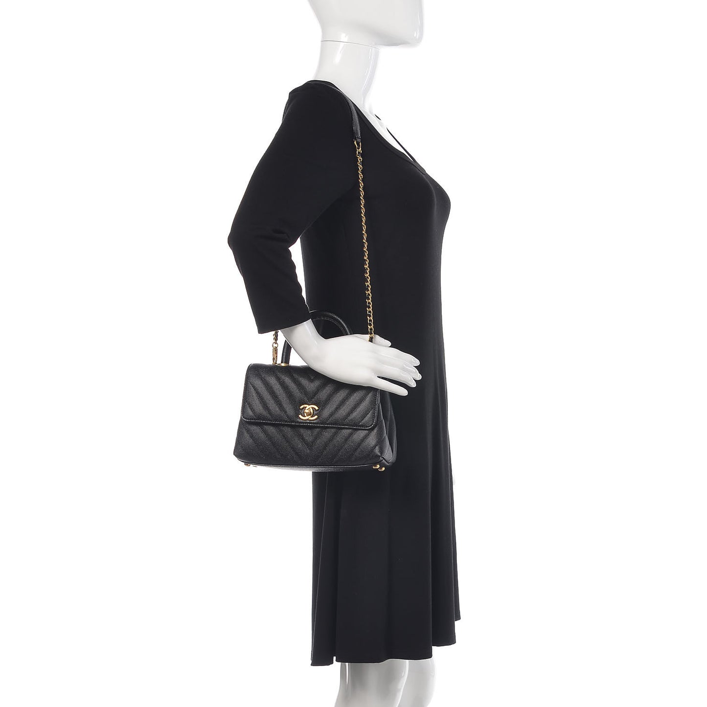 Caviar Chevron Quilted Mini Coco Handle Flap Black