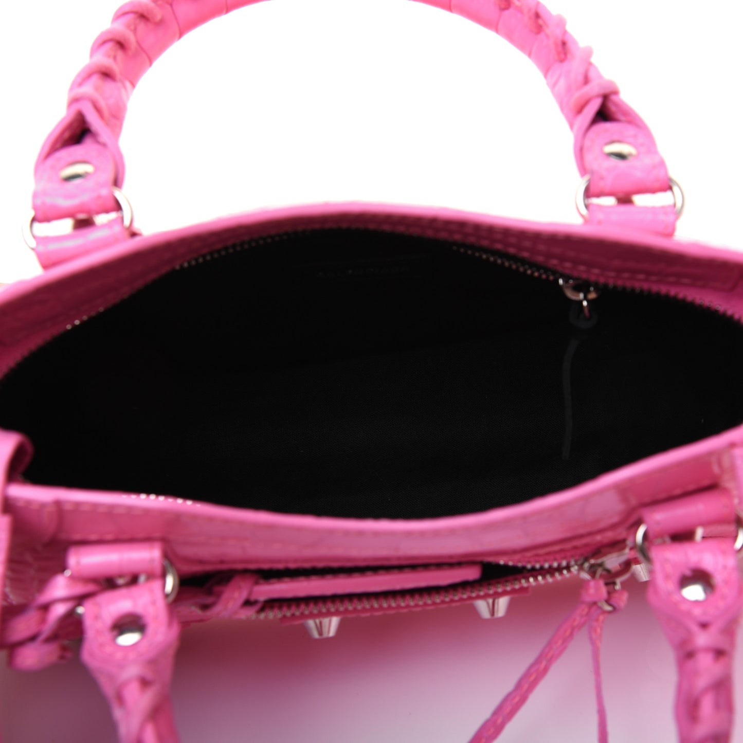 Shiny Supple Calfskin Crocodile Embossed Classic Silver Hardware Mini City Baby Pink