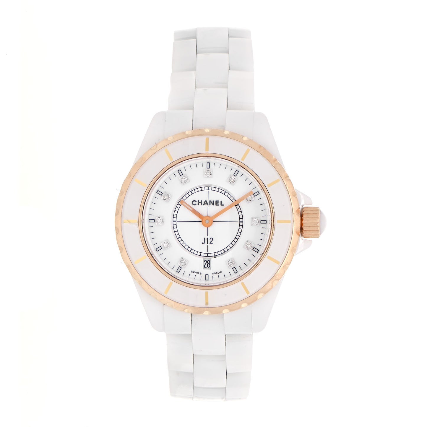 Stainless Steel 18K Beige Gold Ceramic Diamond 33mm J12 Quartz Watch White