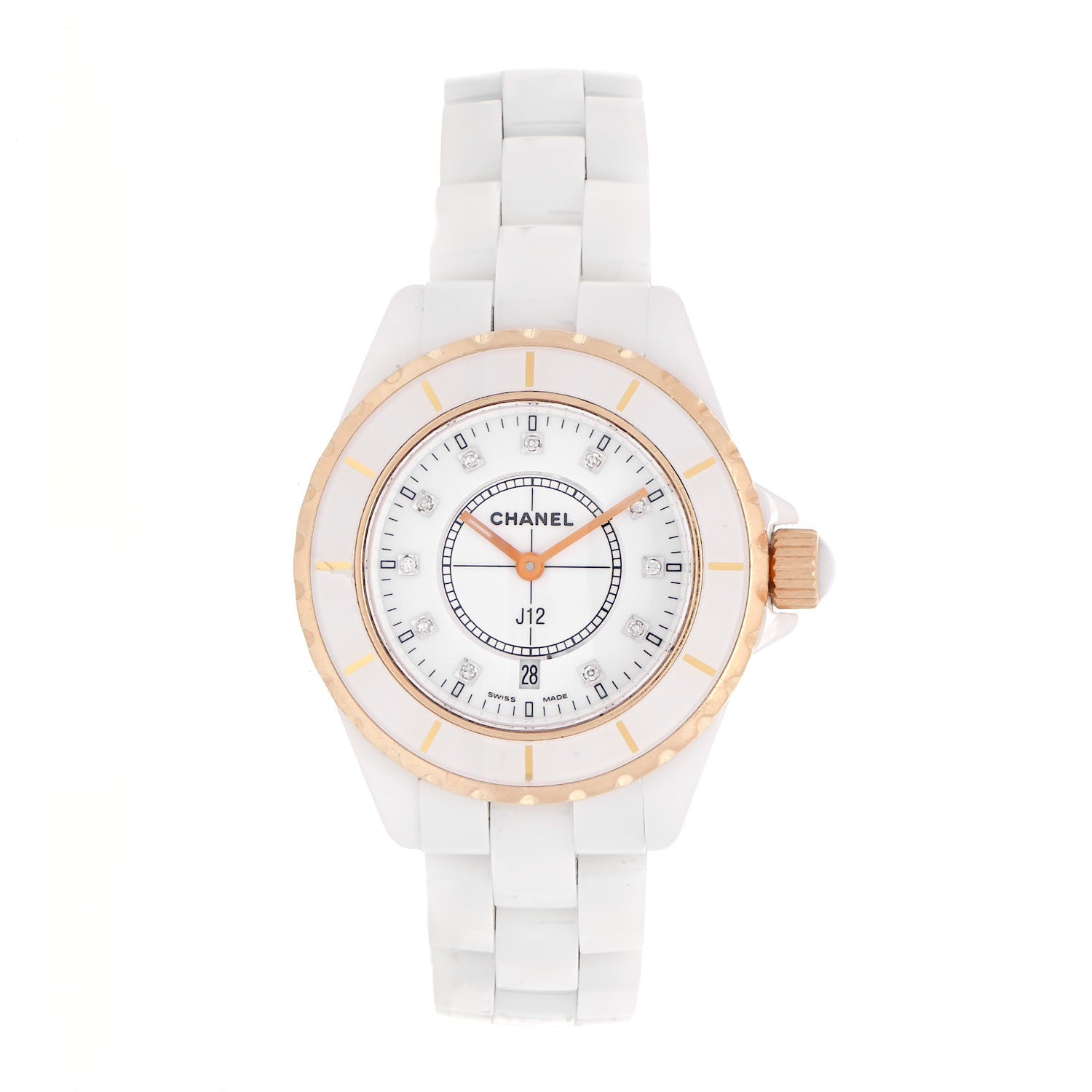Chanel Stainless Steel 18K Beige Gold Ceramic Diamond 33mm J12 Quartz Watch White 1 of 4