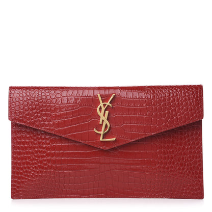 Saint Laurent Calfskin Crocodile Embossed Uptown Monogram Clutch Rouge Eros 1 of 10
