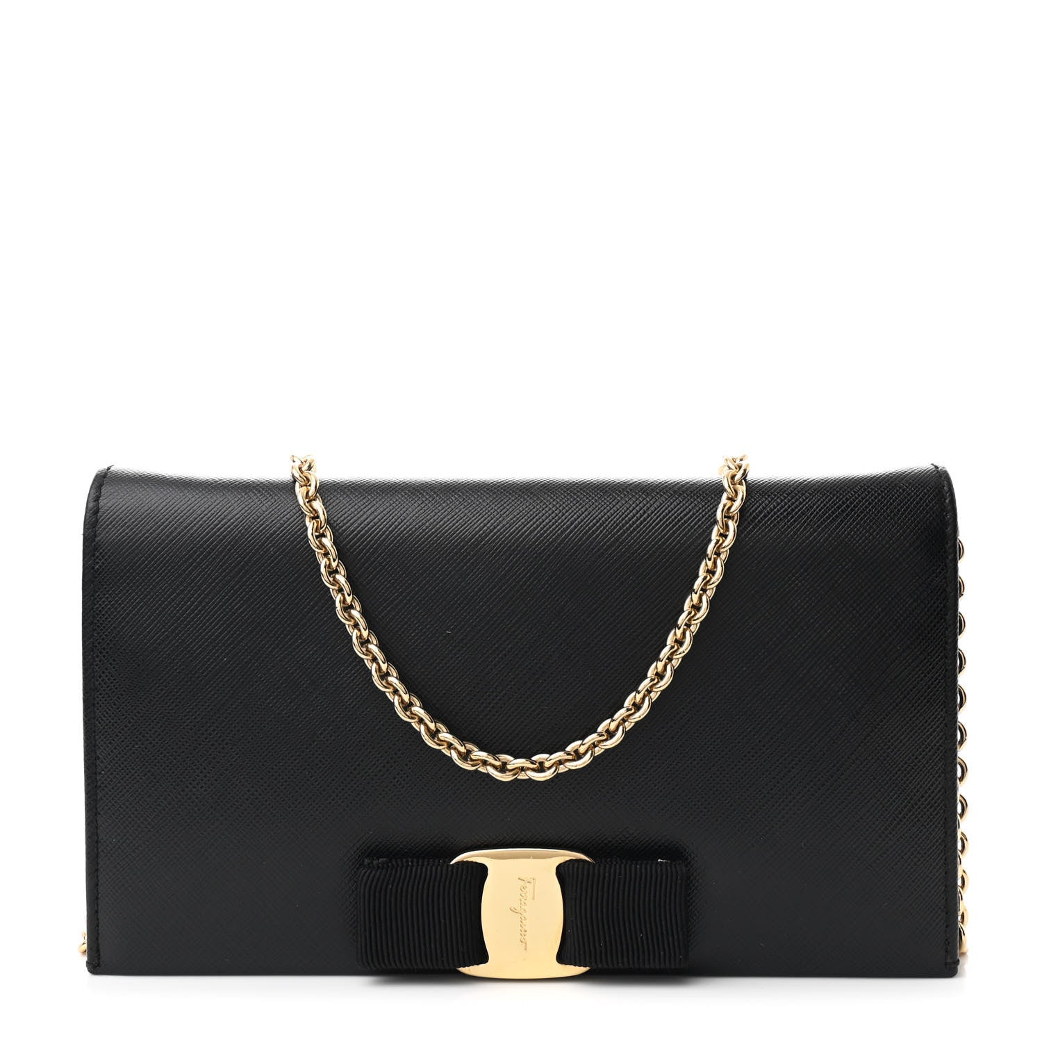 Salvatore Ferragamo Hammered Calfskin Vara Wallet On Chain Black 1 of 11