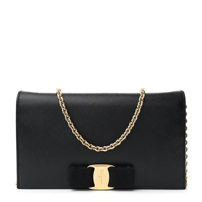 Salvatore Ferragamo Hammered Calfskin Vara Wallet On Chain Black 1 of 11