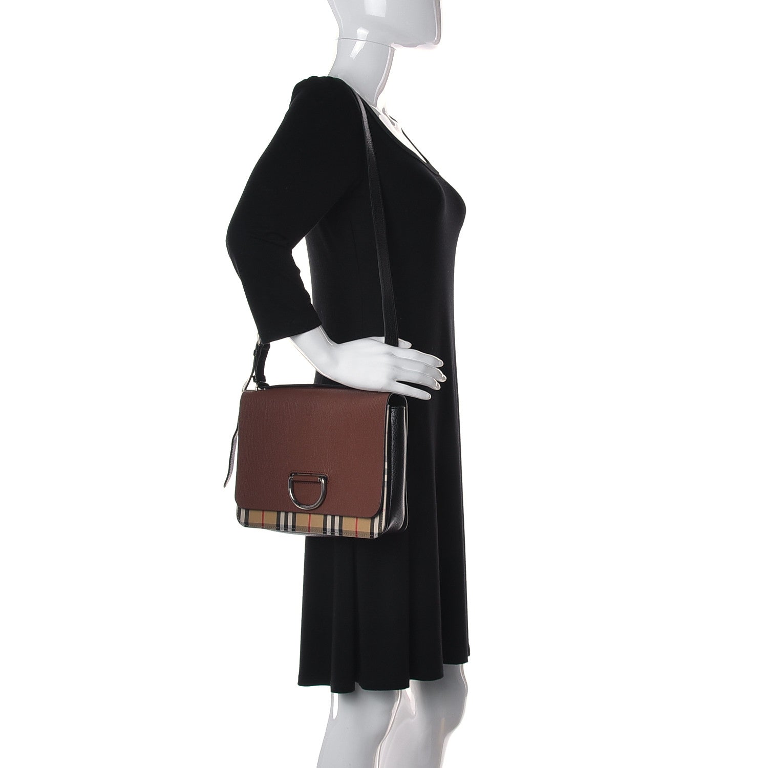 Burberry Goatskin Vintage Check Medium D-Ring Bag Tan Black 2 of 13