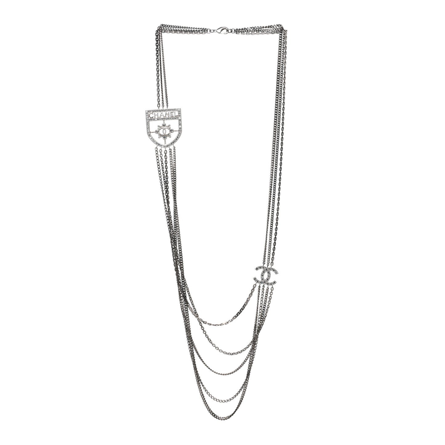 Baguette Crystal CC Shield Multi Strand Long Chain Necklace Silver