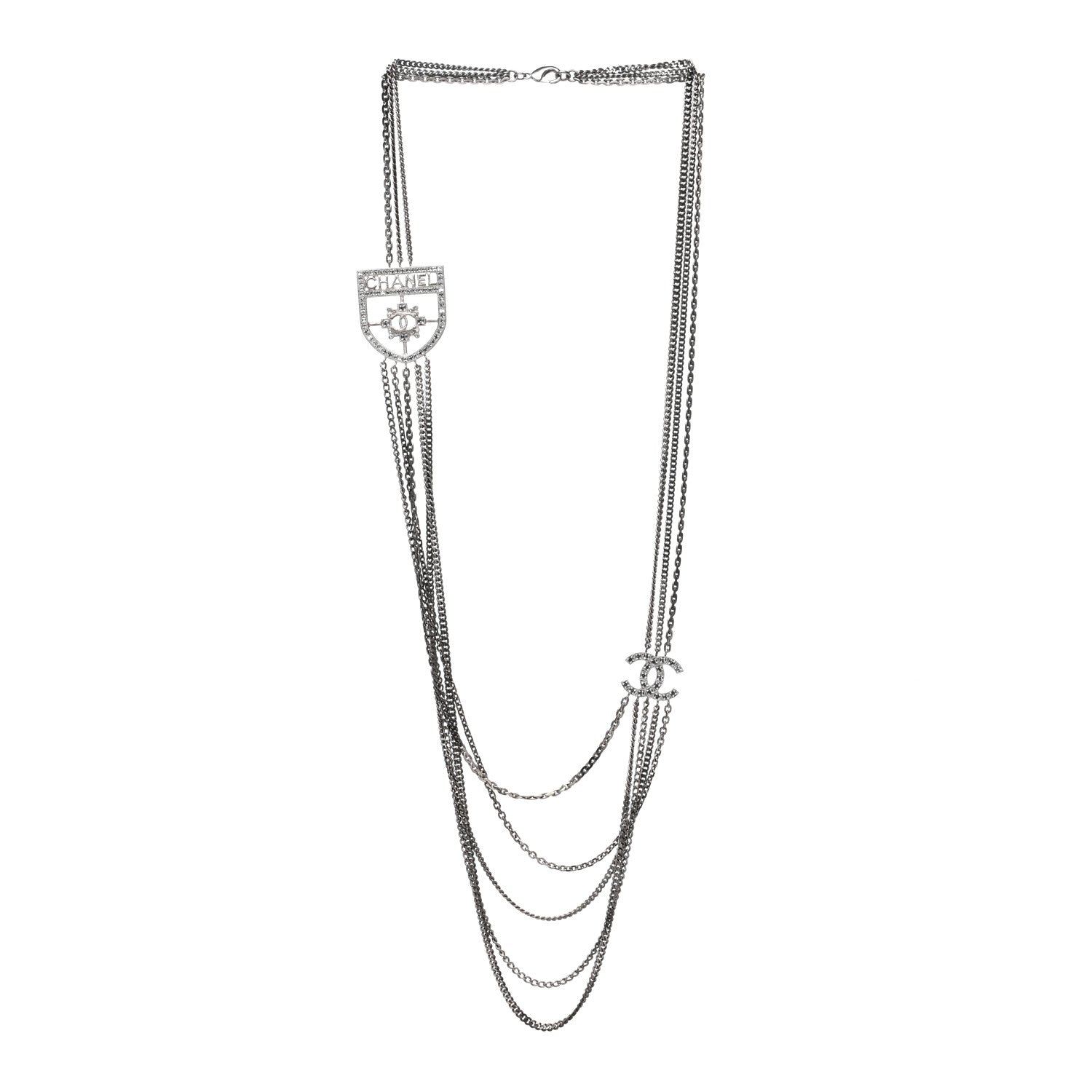 Chanel Baguette Crystal CC Shield Multi Strand Long Chain Necklace Silver 2 of 4