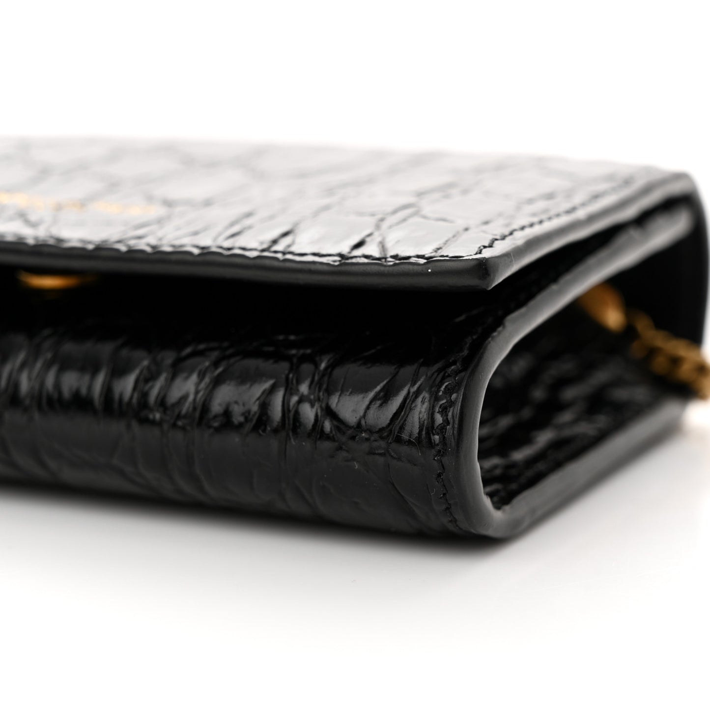 Calfskin Crocodile Embossed Monogram Chain Card Case Black