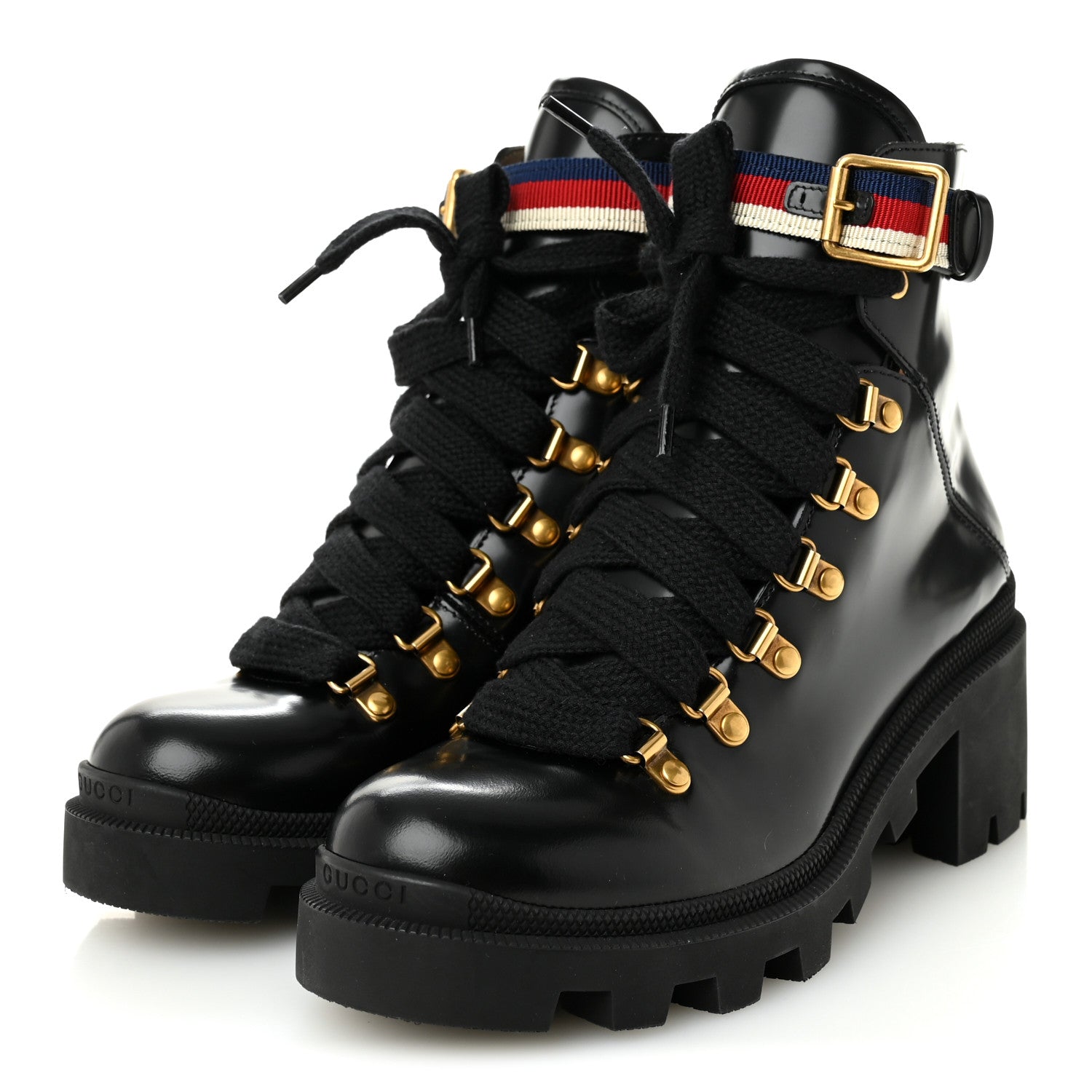 Gucci Calfskin Sylvie Web Womens Lace Up Combat Boots 37.5 Black 3 of 8